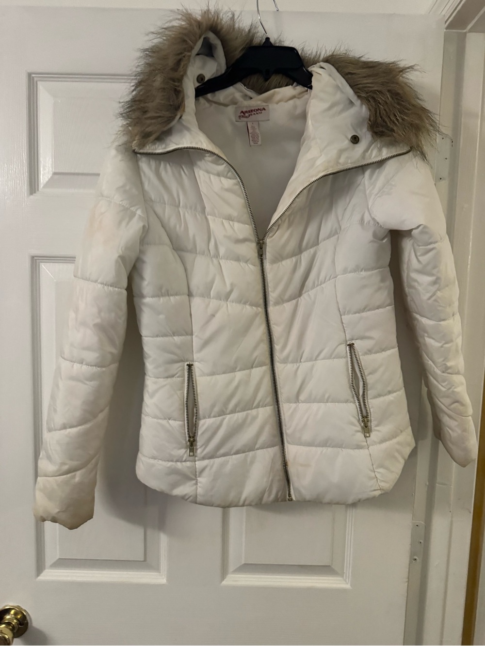 Arizona Jean Company Cream-Trim Quilted Puffer Jacket with Faux Fur Hood